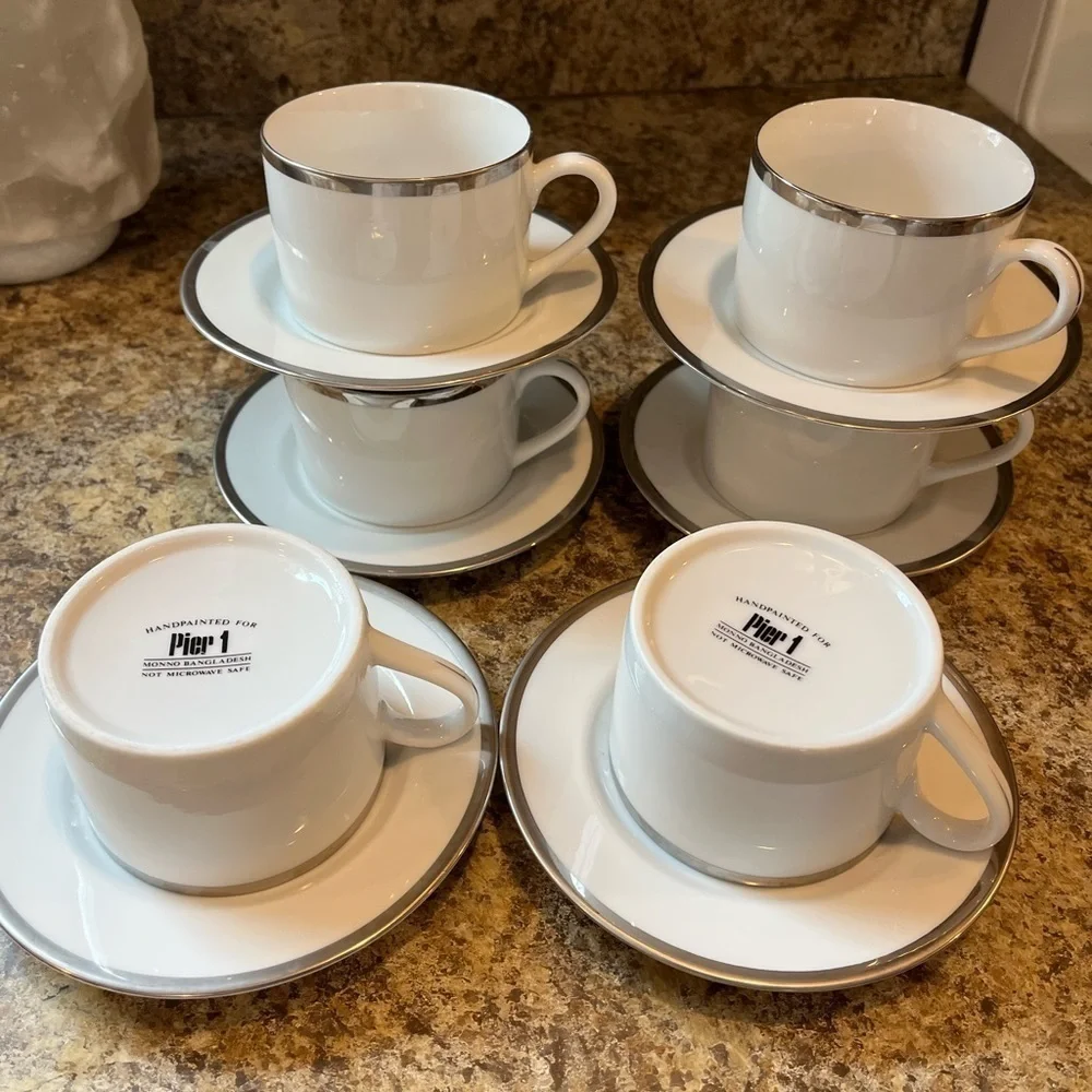 Pier 1 Monno Bangladesh Elegant White and Silver Tea Cups and Saucers Set of 6
